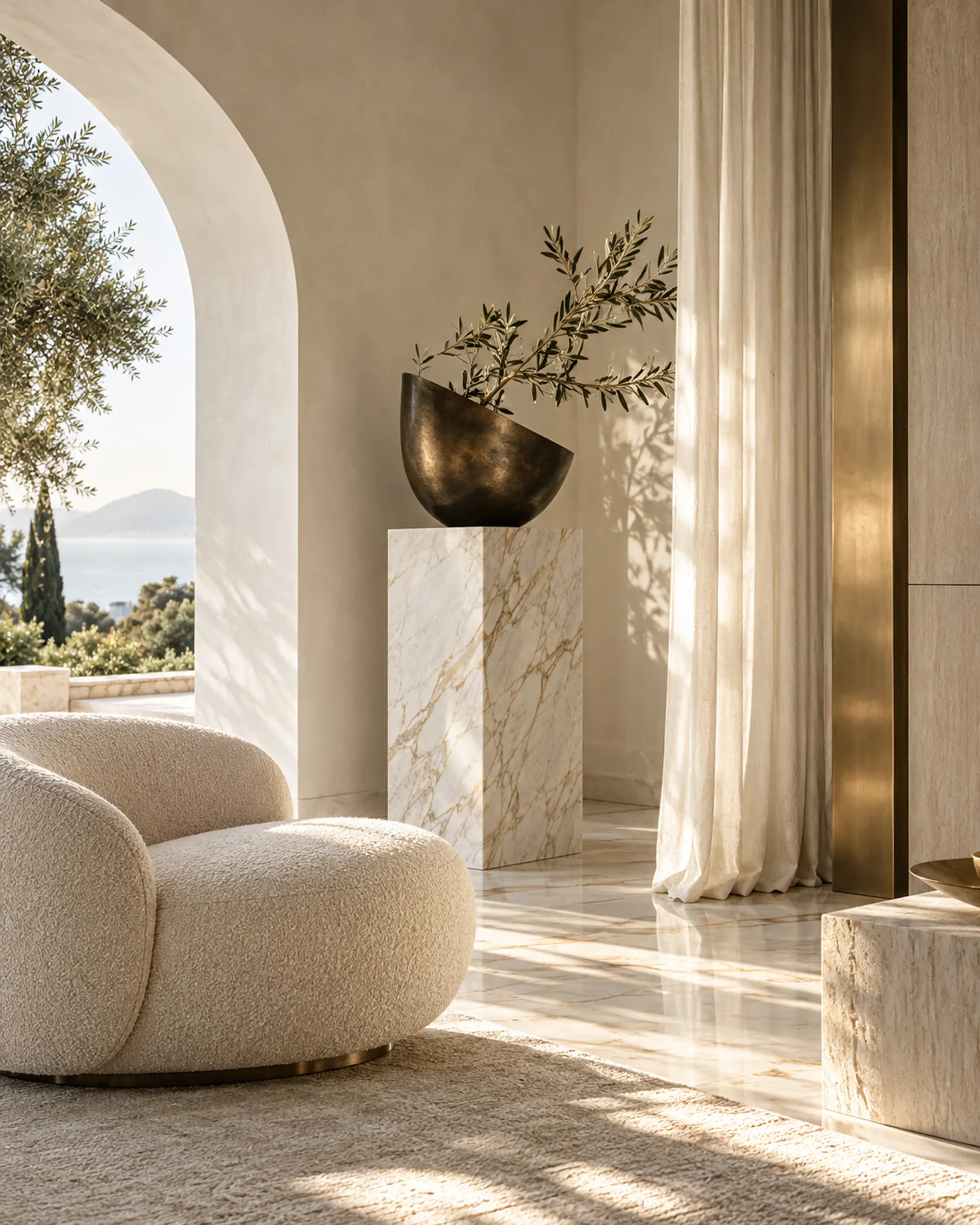 Sculptural architectural alcove concept with marble and an ivory lounge chair