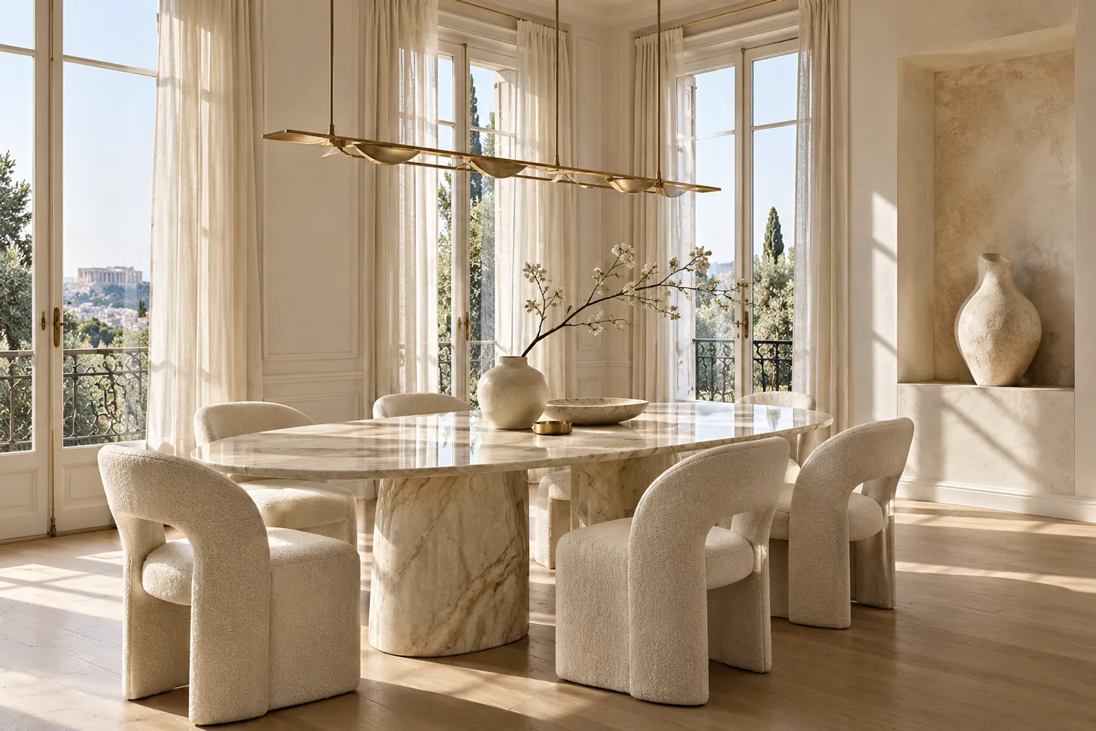 Luxury dining room concept with a marble table and champagne lighting