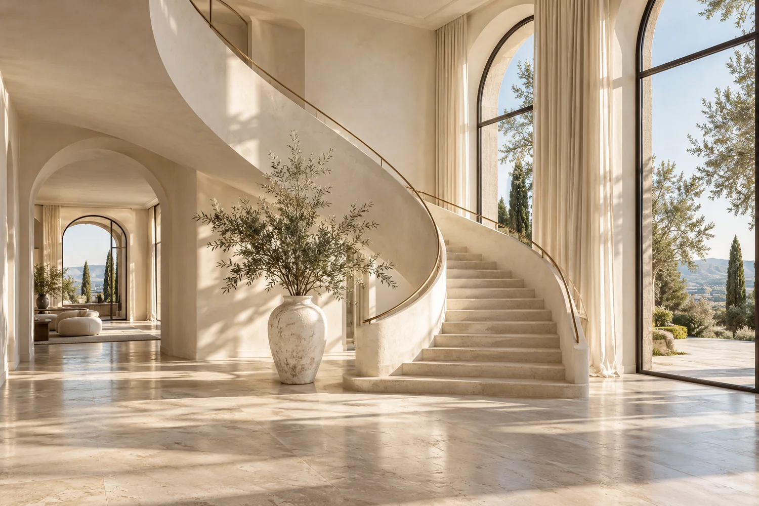 Illustrative luxury architectural concept with a sweeping ivory staircase, natural stone and arched glazing